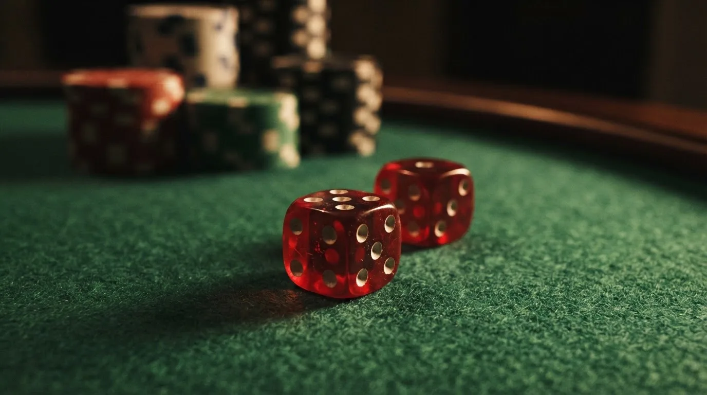 Röda tärningar vilar på grönt filt, bakom dem suddiga torn av spelmarker i kvällsdunklet — casinon med låg insättning