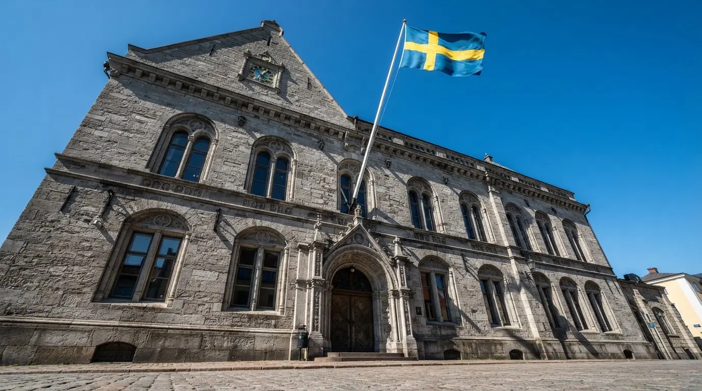Ett gammalt stadshus i sten fotograferat underifrån mot en klarblå himmel, med den svenska flaggan som fladdrar ovanför entrén.