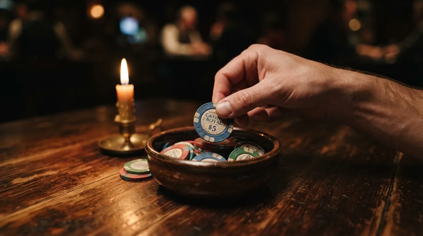 En hand lyfter en spelmark ur en skål, ljuslågan färgar bordet gyllenbrunt — casinon med roulette i sverige