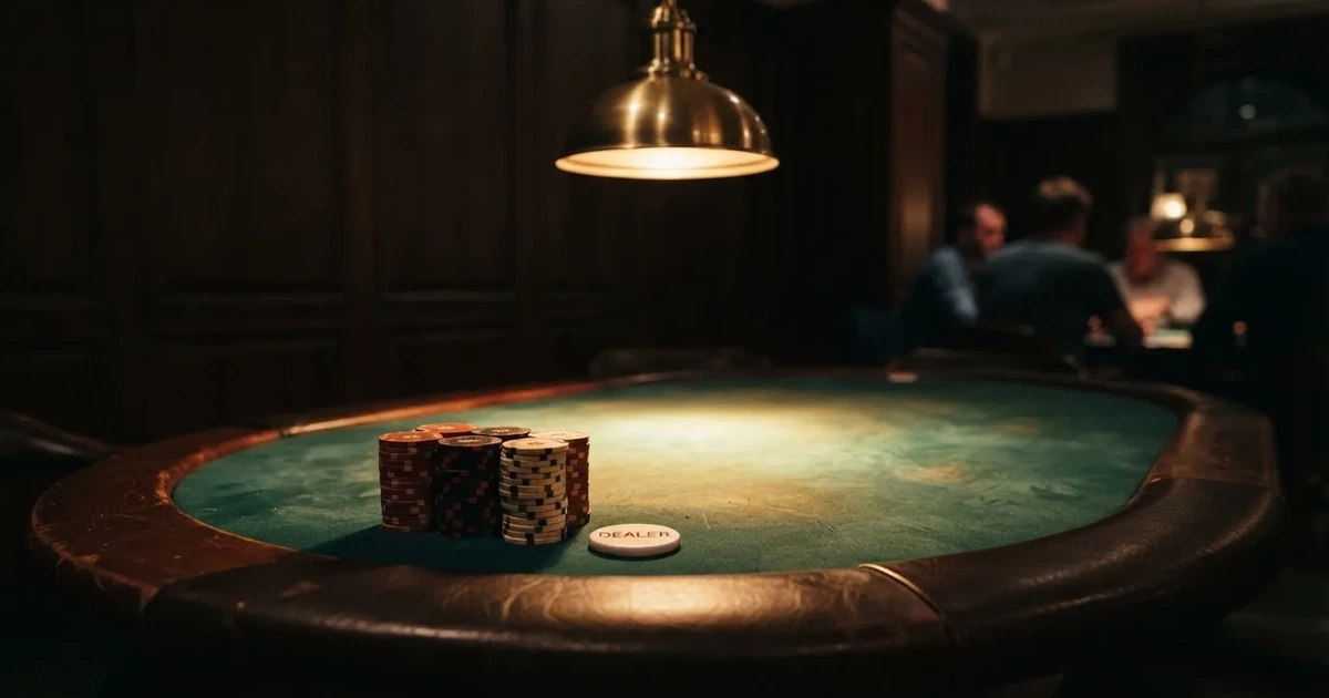 Ett ovalt pokerbord under en lågt hängande lampa, med spelmarker och en vit bricka i ljuset — casinon med roulette i sverige