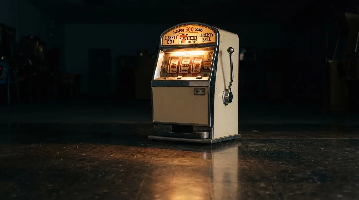 En gammal spelautomat lyser i den dunkla hallen och speglar sig i golvet — casinon med slots i sverige