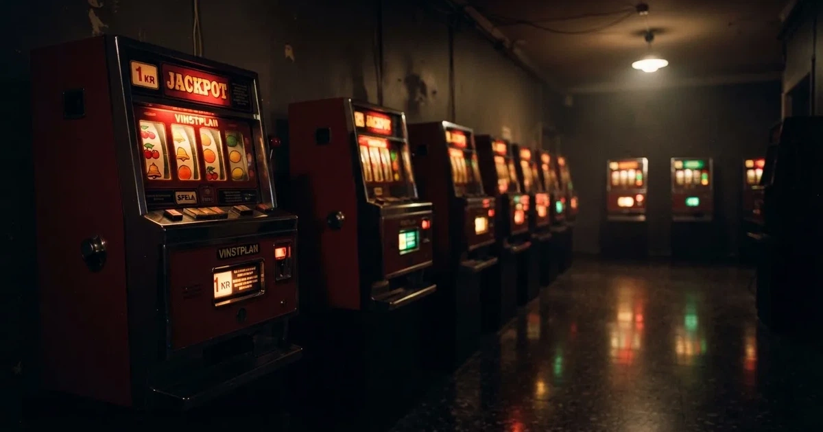 En rad spelskåp i en dunkel hall, rullarna lyser i olika färger och golvet speglar dem — casinon med slots i sverige