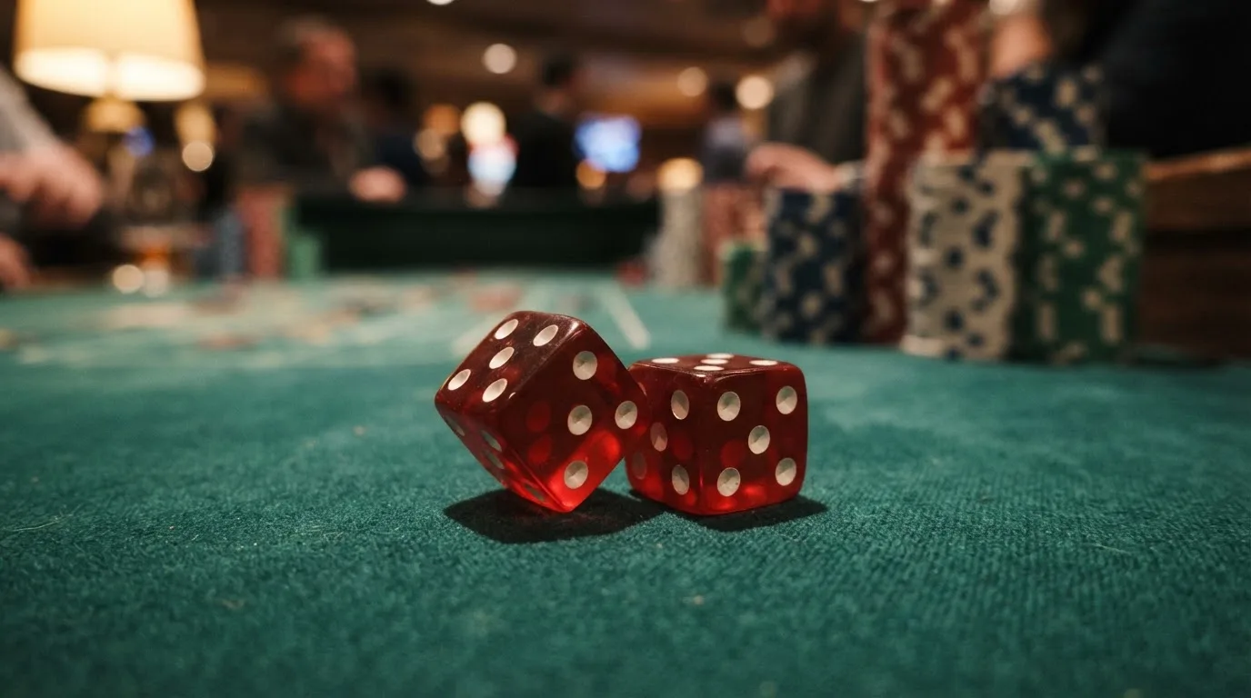 Röda tärningar vilar på grönt filt, bakom dem suddiga torn av spelmarker i kvällsdunklet — casinon med spelautomater i sverige