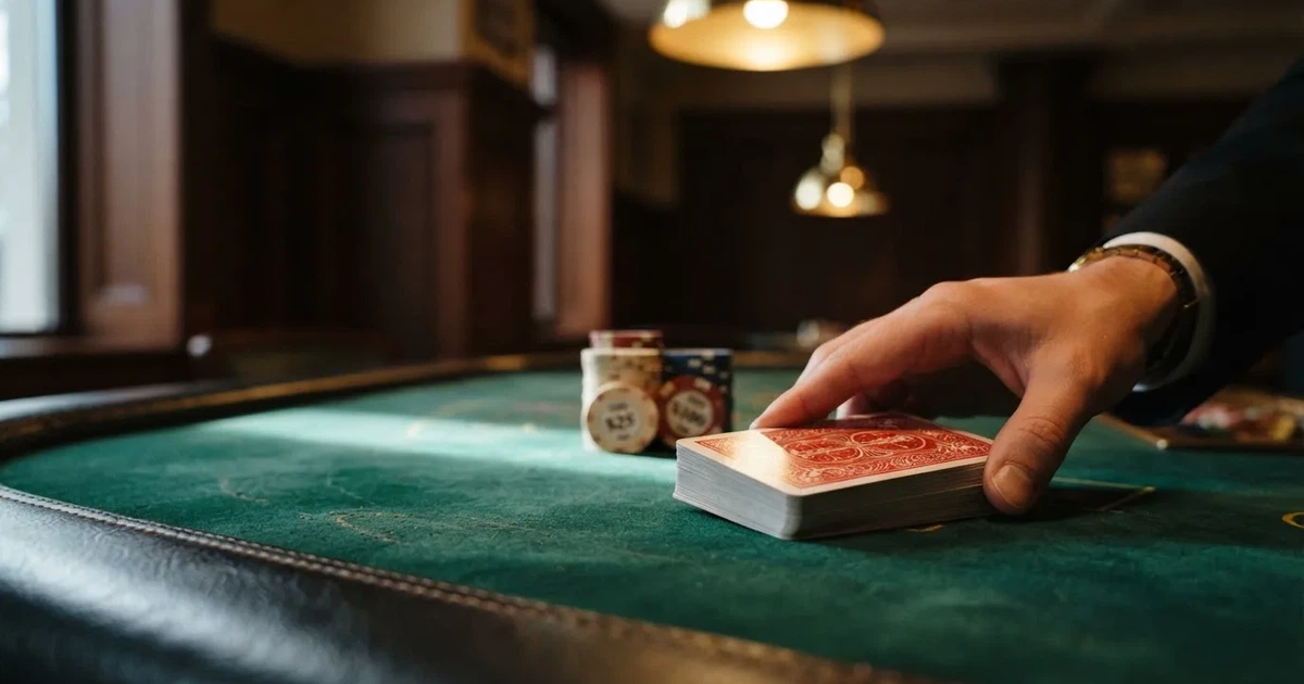 Croupierens händer blandar kort på grönt filt, taklampan speglas i den blanka kortbunten — casinon med spelautomater i sverige