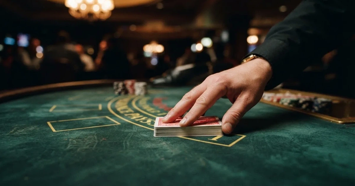 Croupierens händer blandar kort på grönt filt, taklampan speglas i den blanka kortbunten — casinon med störst vinstchans