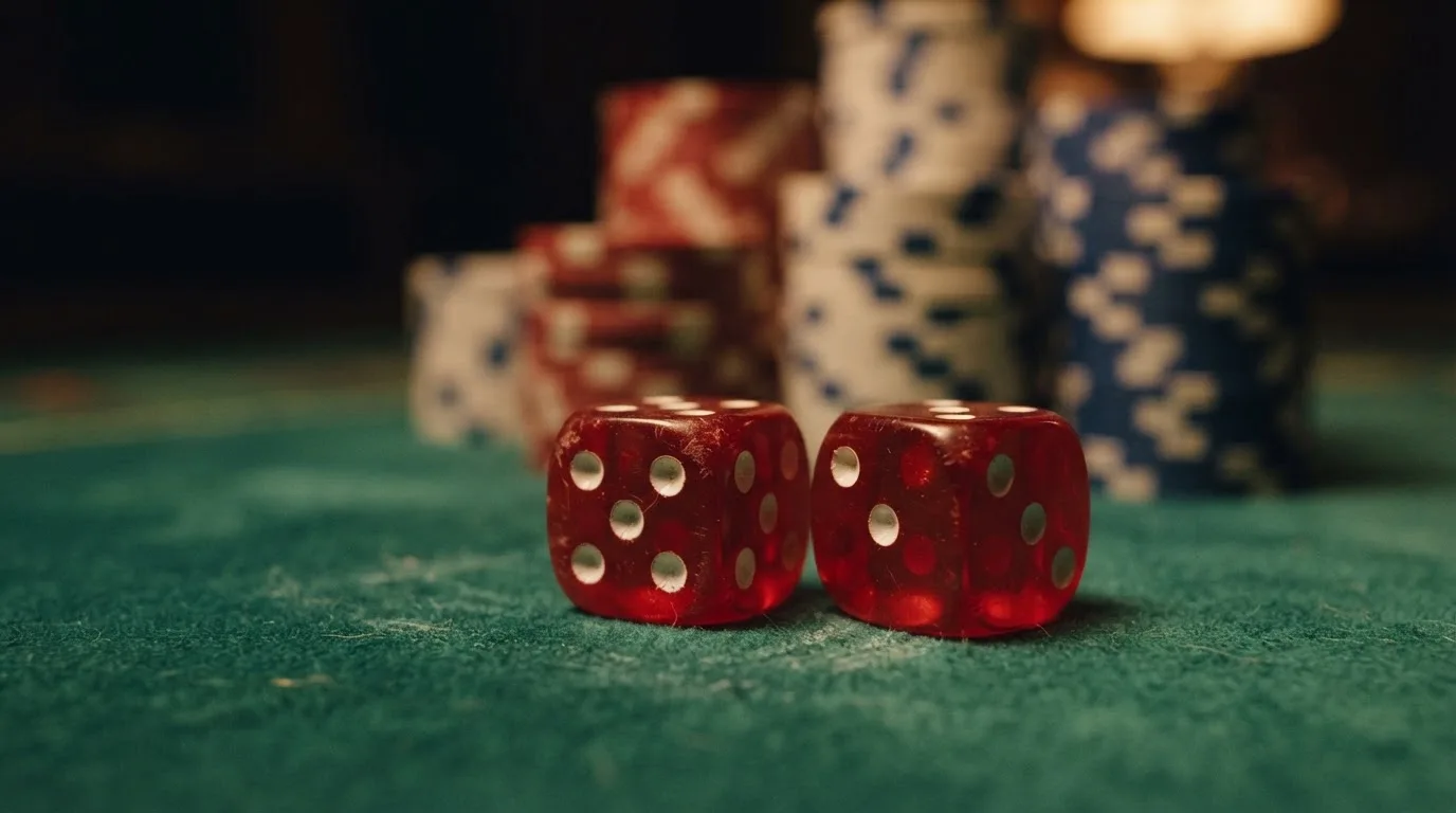 Röda tärningar vilar på grönt filt, bakom dem suddiga torn av spelmarker i kvällsdunklet — casinon med uttag i sverige