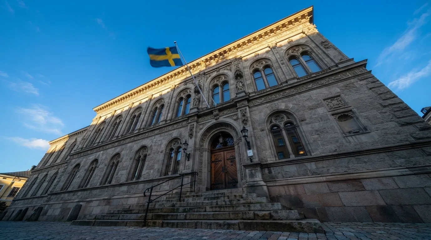 Ett gammalt stadshus i sten fotograferat underifrån mot en klarblå himmel, med den svenska flaggan som fladdrar ovanför entrén.