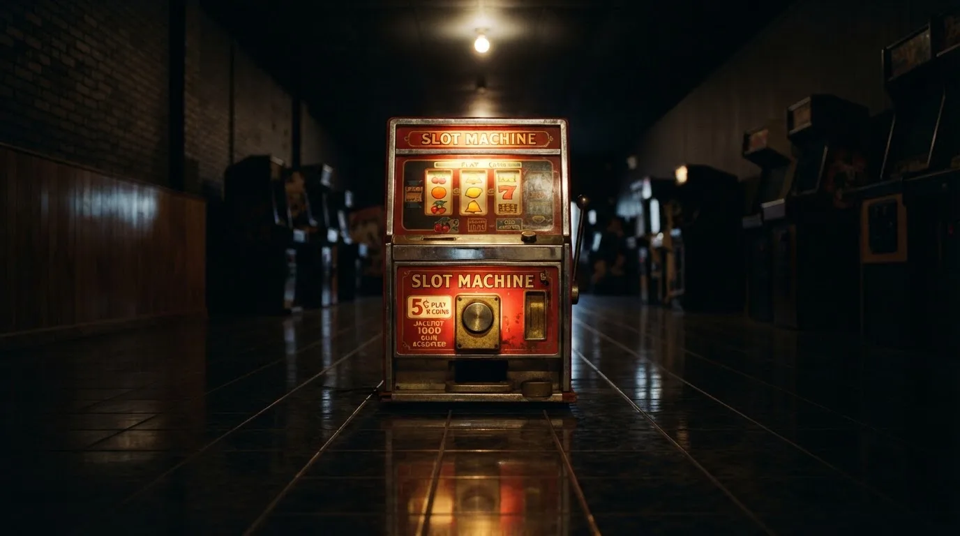 En gammal spelautomat lyser i den dunkla hallen och speglar sig i golvet — casinon med välkomsterbjudande