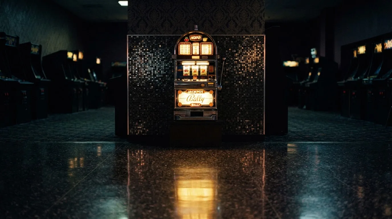 En gammal spelautomat lyser i den dunkla hallen och speglar sig i golvet — casinon utan bankid i sverige