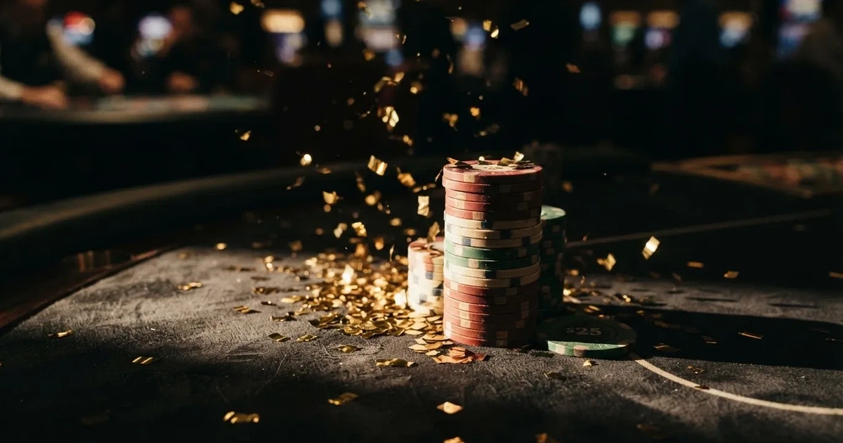 Guldkonfetti faller över spelmarker på ett svart bord, en ljuskägla träffar högens topp — casinon utan insättning i sverige