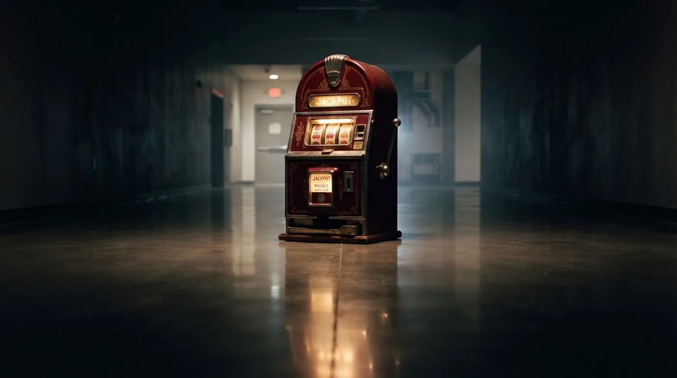 En gammal spelautomat lyser i den dunkla hallen och speglar sig i golvet — casinon utan omsättningskrav