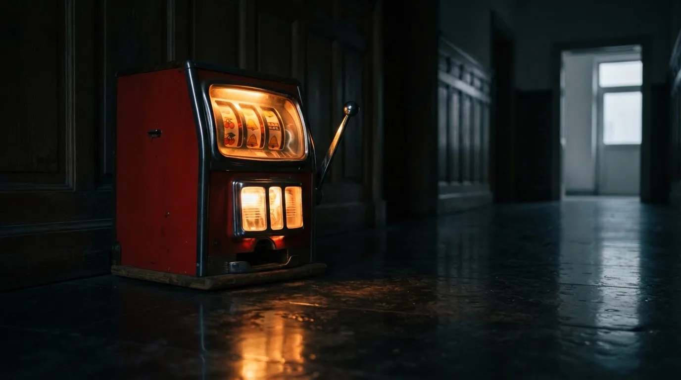 En gammal spelautomat lyser i den dunkla hallen och speglar sig i golvet — casinon utan spelgräns i sverige