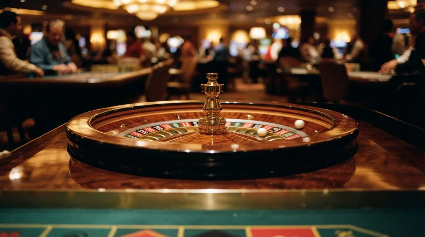 Ett roulettehjul snurrar på ett blankt träbord, den vita kulan glimmar i takljusets guld — casinon utomlands för svenskar
