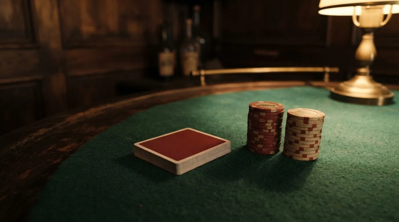 Kortlek och staplar av spelmarker på ett grönt filtbord i en dunkel salong, varmt lampsken — casinostugan för svenskar