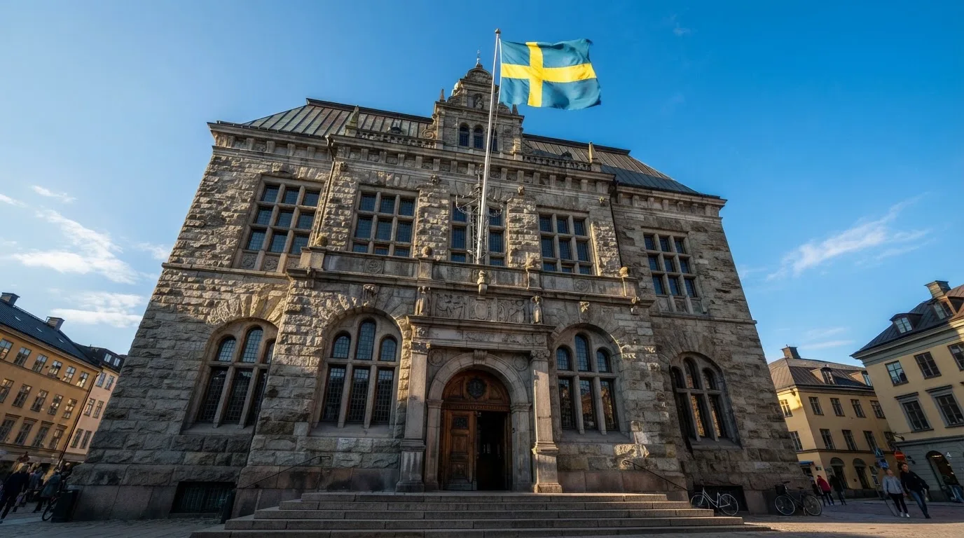 Ett gammalt stadshus i sten fotograferat underifrån mot en klarblå himmel, med den svenska flaggan som fladdrar ovanför entrén.