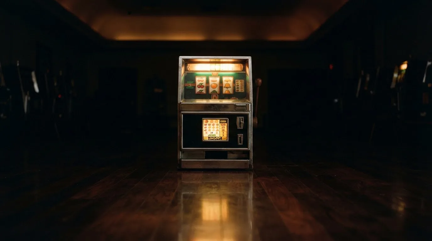 En gammal spelautomat lyser i den dunkla hallen och speglar sig i golvet — hur fungerar casino på nätet