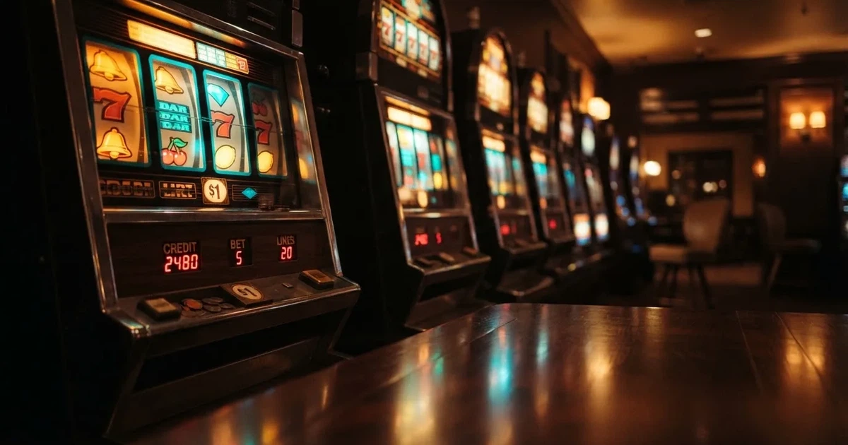 En rad spelskåp i en dunkel hall, rullarna lyser i olika färger och golvet speglar dem — hur fungerar casino på nätet
