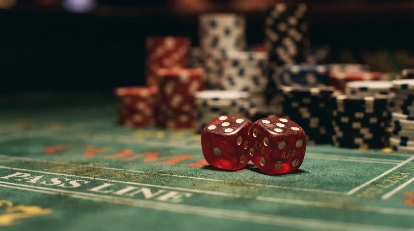 Röda tärningar vilar på grönt filt, bakom dem suddiga torn av spelmarker i kvällsdunklet — hur man vinner på casino