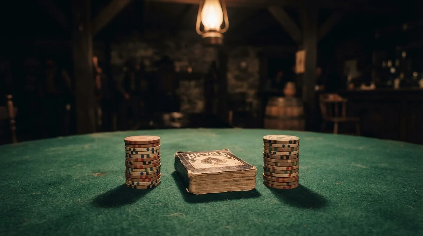 Kortlek och staplar av spelmarker på ett grönt filtbord i en dunkel salong, varmt lampsken — jämförelse av casinon i sverige