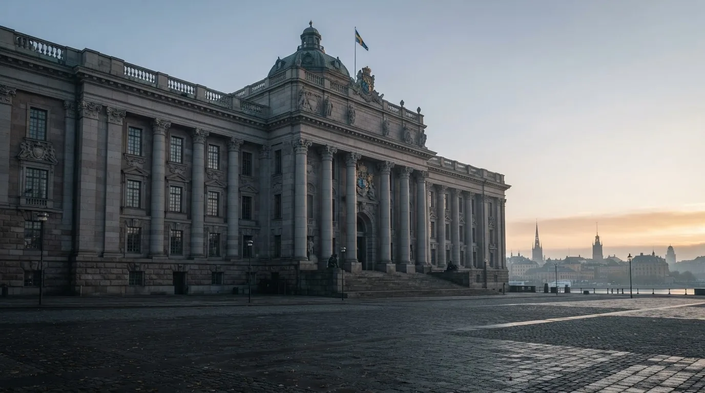 Stenfasad på en statlig byggnad i Stockholm vid gryning, höga pelare och ett tomt torg framför — jämförelse av casinon i sverige