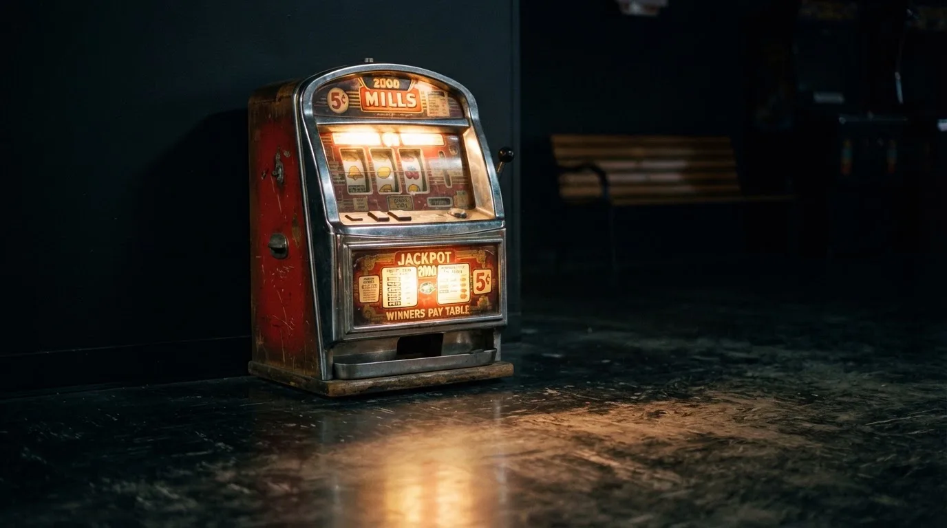 En gammal spelautomat lyser i den dunkla hallen och speglar sig i golvet — kampanjer på casinon i sverige