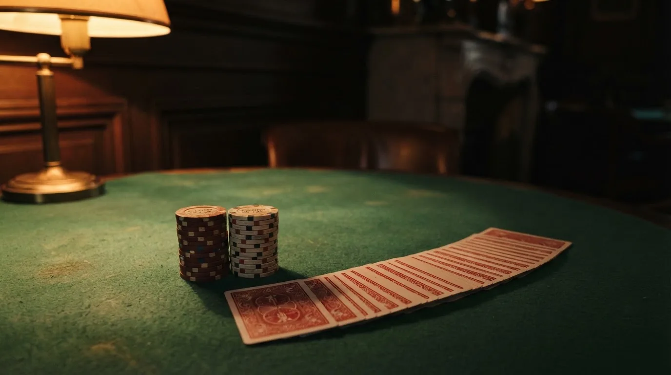 Kortlek och staplar av spelmarker på ett grönt filtbord i en dunkel salong, varmt lampsken — kasinon utan licens i sverige