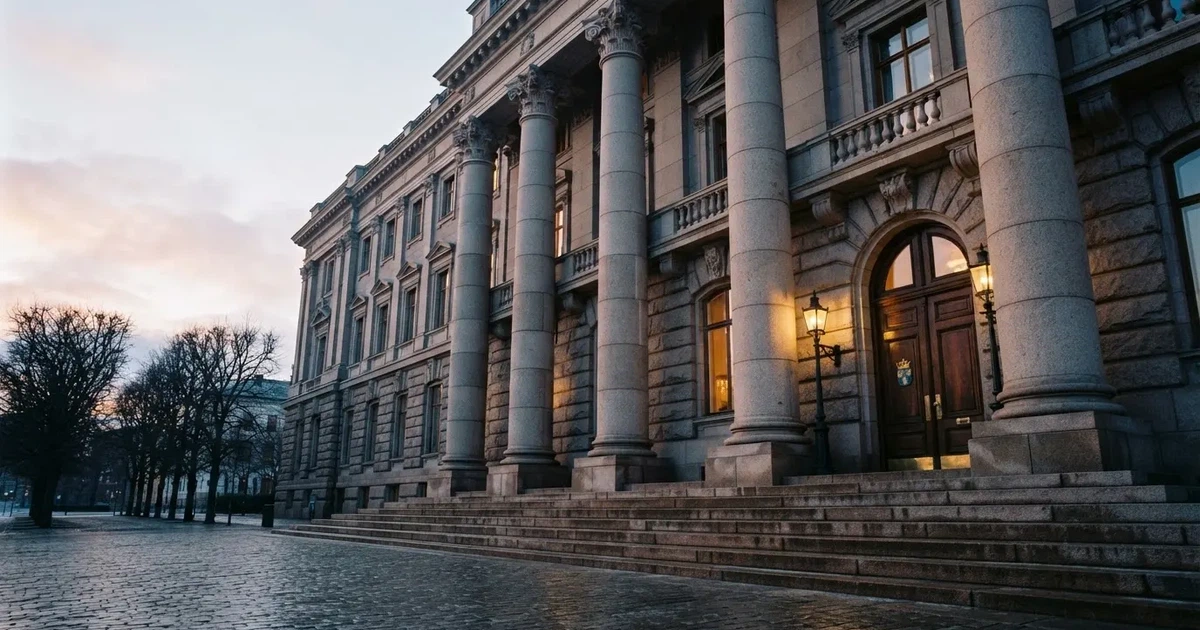 Stenfasad på en statlig byggnad i Stockholm vid gryning, höga pelare och ett tomt torg framför — kasinon utan licens i sverige