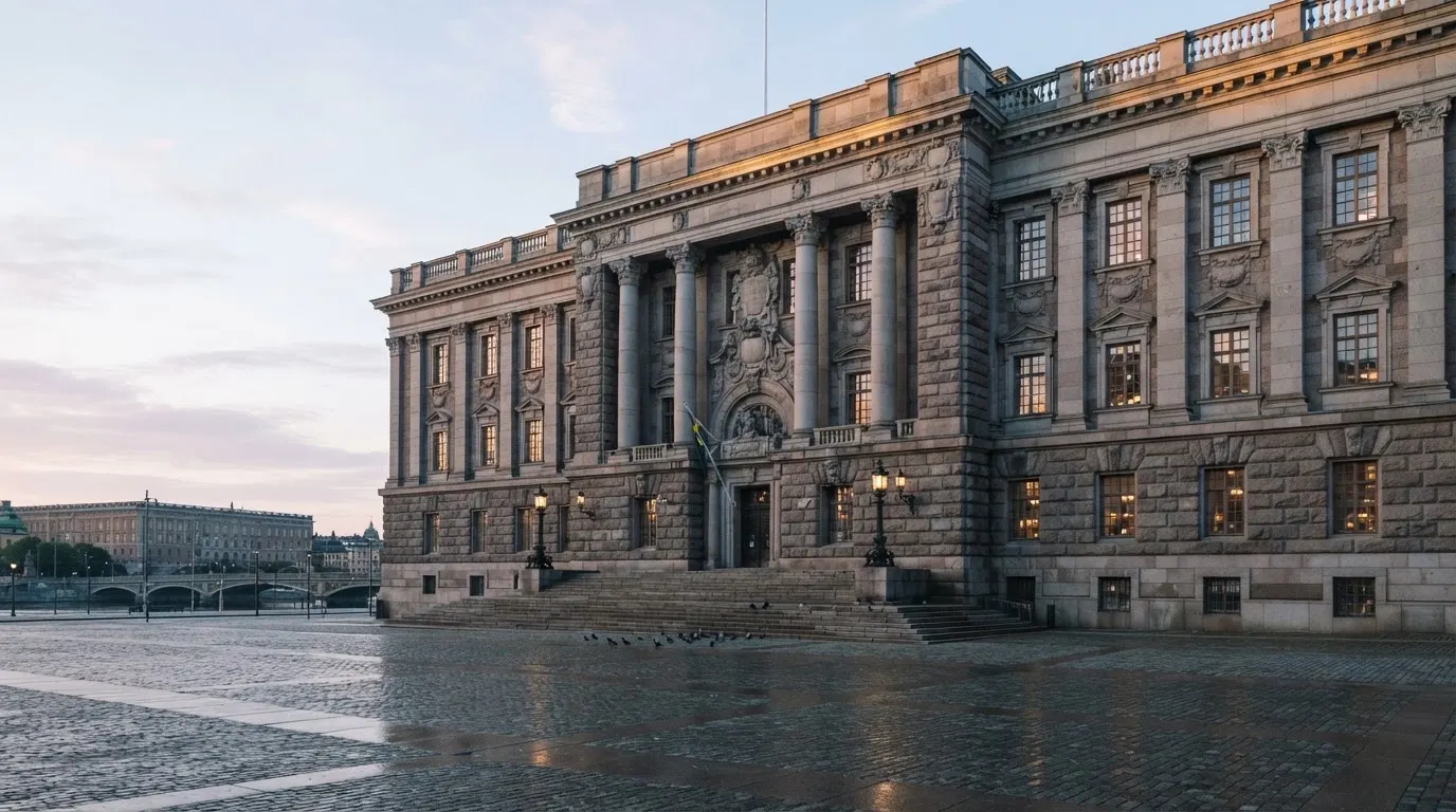 Stenfasad på en statlig byggnad i Stockholm vid gryning, höga pelare och ett tomt torg framför — kasinospel i sverige
