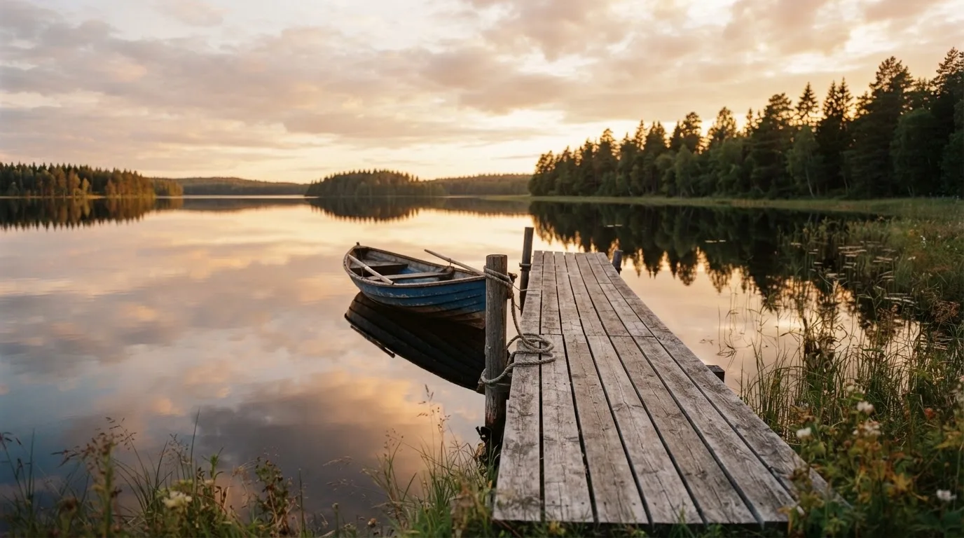 En brygga vid en stilla sjö i solnedgång, roddbåten förtöjd och molnen speglas i vattnet — kasinospel i sverige