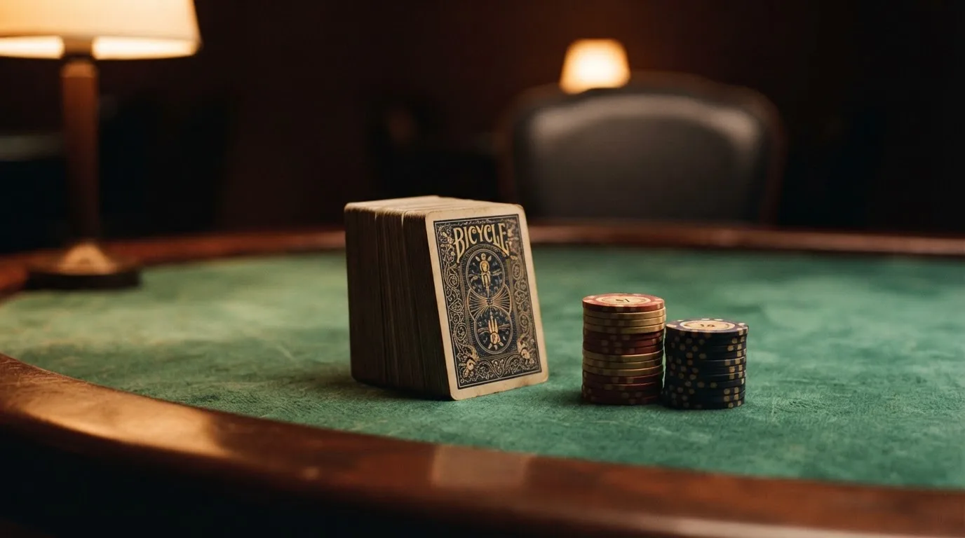 Kortlek och staplar av spelmarker på ett grönt filtbord i en dunkel salong, varmt lampsken — kortspel på ett kasino