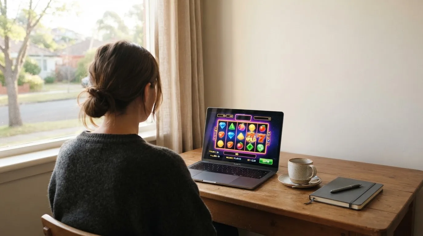 En person sitter vid ett skrivbord hemma med en kopp kaffe och tittar ut genom fönstret i mjukt morgonljus.