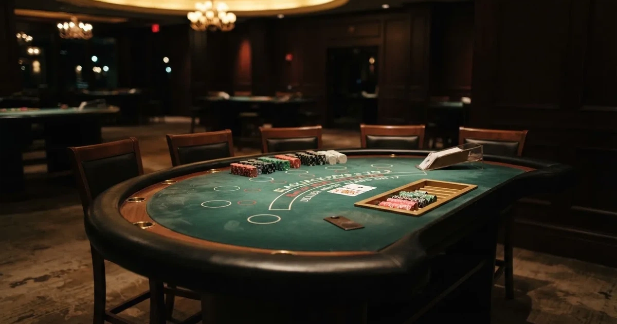 Ett halvmåneformat kortbord i en tyst sal, spelmarker framför varje plats och mjukt takljus — live blackjack i sverige
