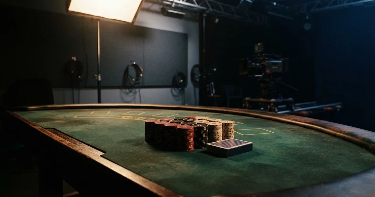 En studiomiljö med ett grönt spelbord, kortlekar och marker uppradade, fotograferad i halvskugga utan synliga personer i förgrunden.