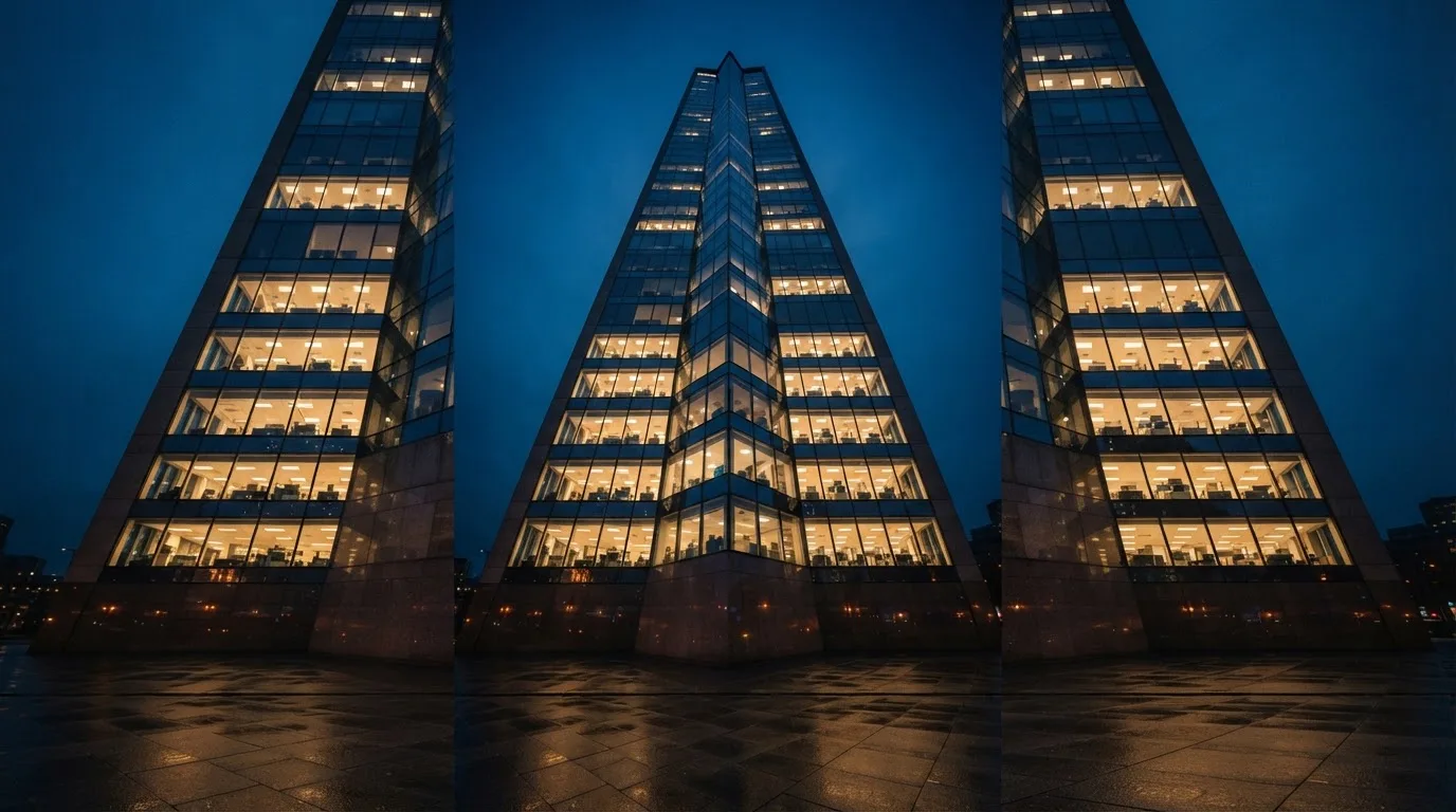 En modern kontorsbyggnad i skymning fotograferad underifrån med tända fönster mot en mörkblå himmel.