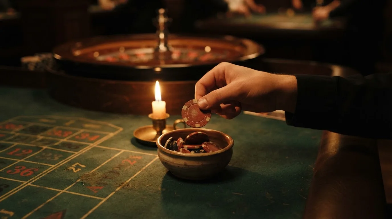 En hand lyfter en spelmark ur en skål, ljuslågan färgar bordet gyllenbrunt — live roulette i sverige