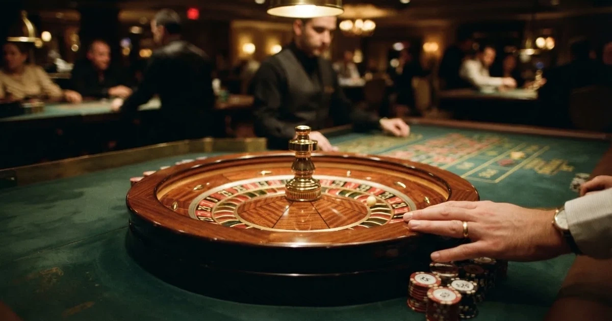 Croupierens händer blandar kort på grönt filt, taklampan speglas i den blanka kortbunten — live roulette i sverige