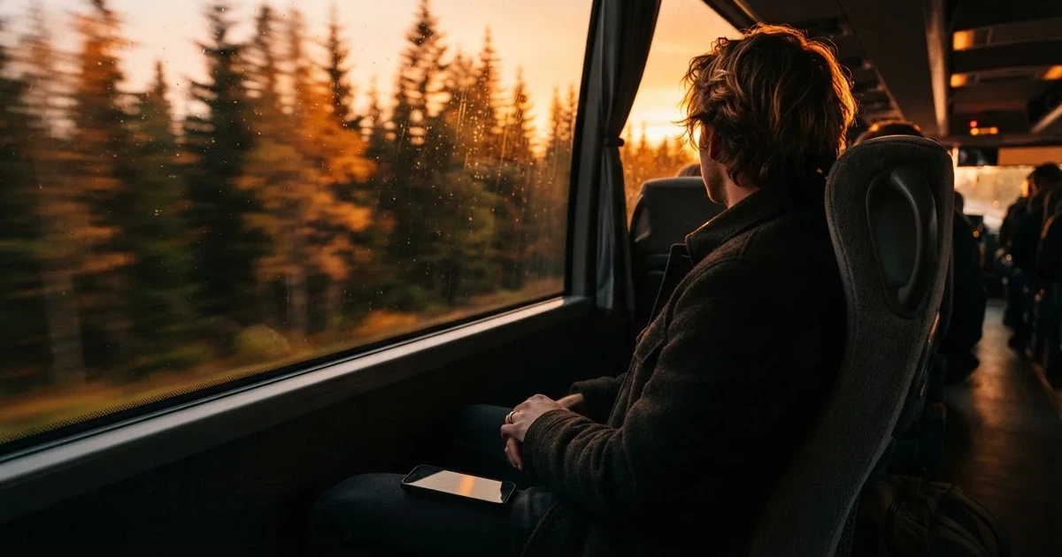 En passagerare vid bussfönstret med en stängd mobil i knät, granar flimrar förbi i solnedgång — mobil kasino i sverige