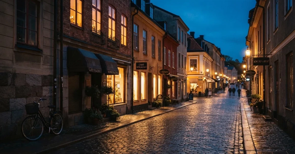 En stadsgata fotograferad i skymning med suddiga ljus från fönster i byggnader längs båda sidor.
