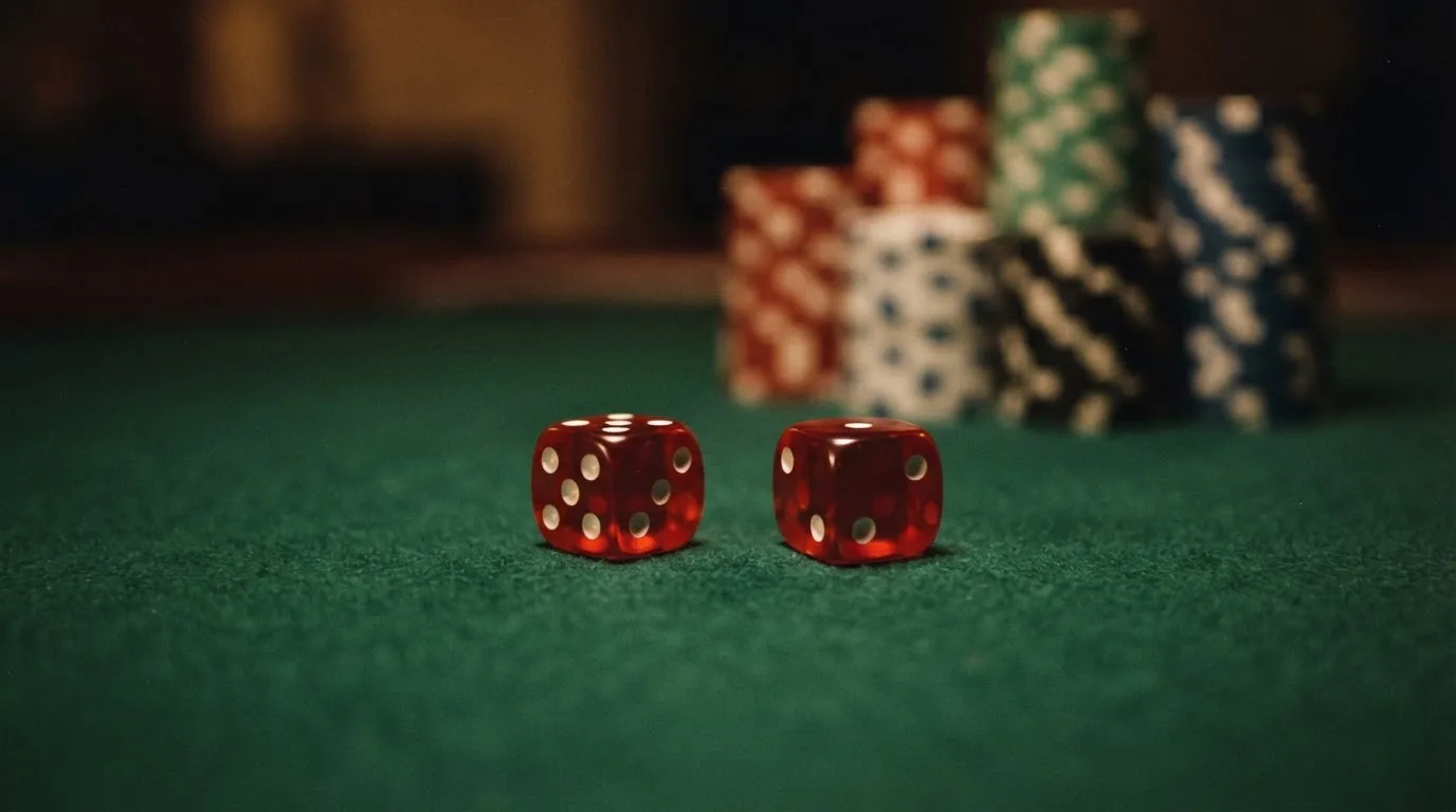 Röda tärningar vilar på grönt filt, bakom dem suddiga torn av spelmarker i kvällsdunklet — nytt casinon i sverige