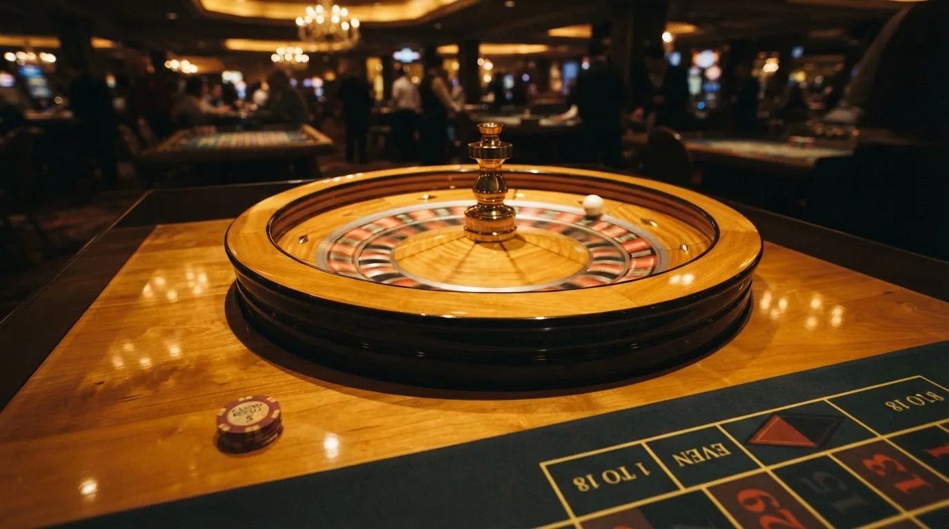 Ett roulettehjul snurrar på ett blankt träbord, den vita kulan glimmar i takljusets guld — online blackjack i sverige