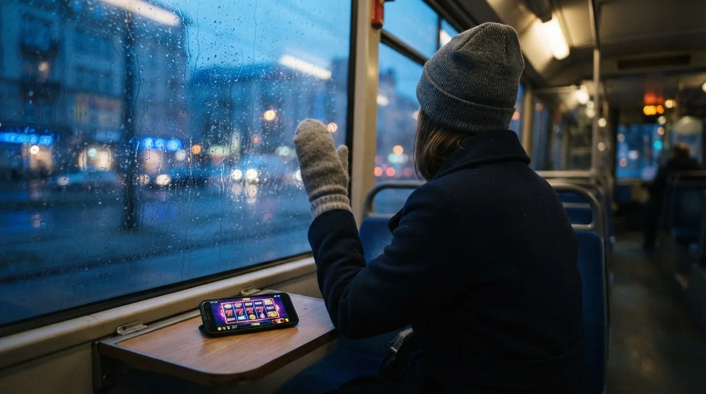 Regndroppar på en spårvagnsruta, bakom glaset en blånande gata, en mjuk yllevante i handen — online kasino i sverige