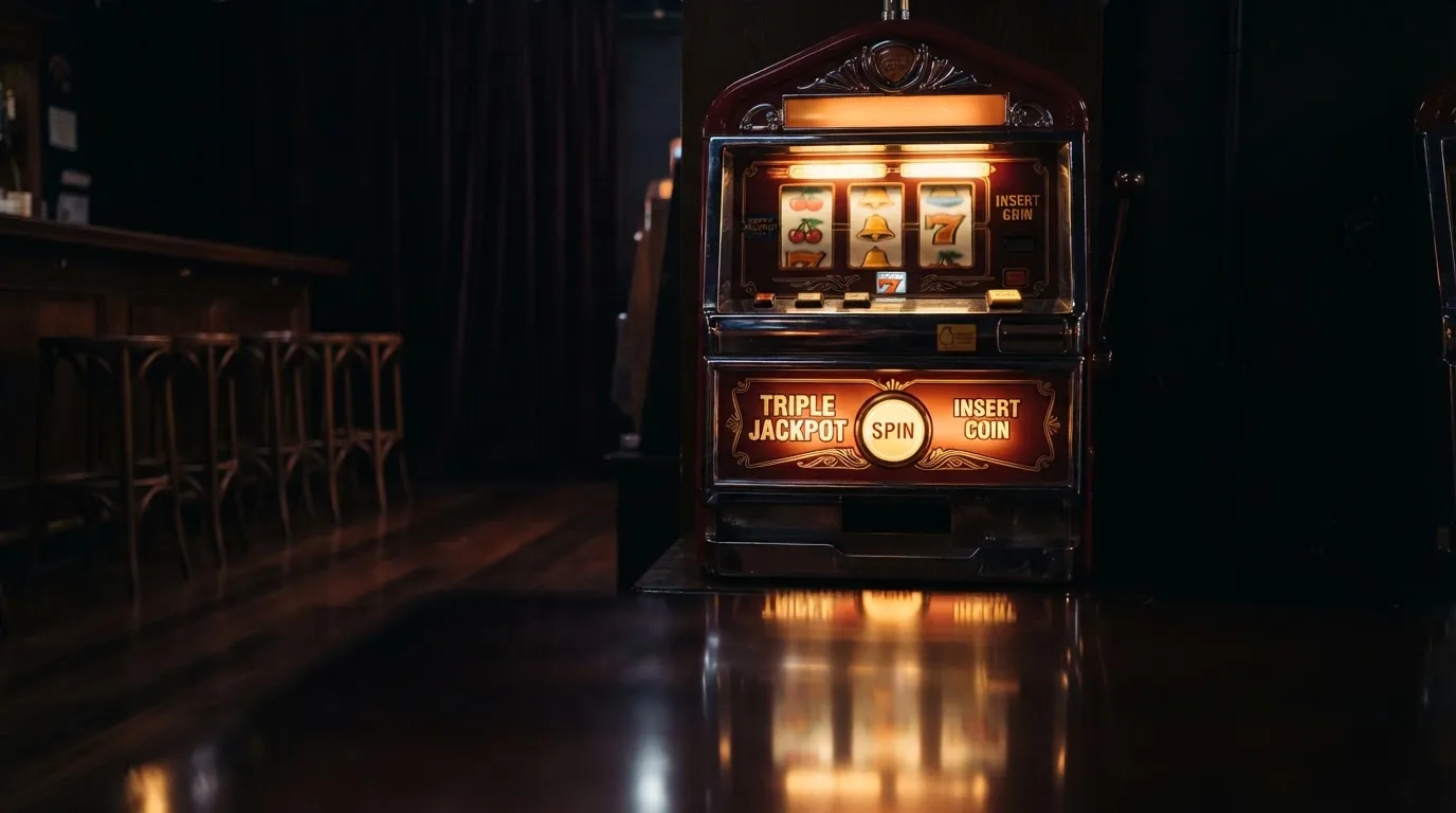 En gammal spelautomat lyser i den dunkla hallen och speglar sig i golvet — populära casinon i sverige