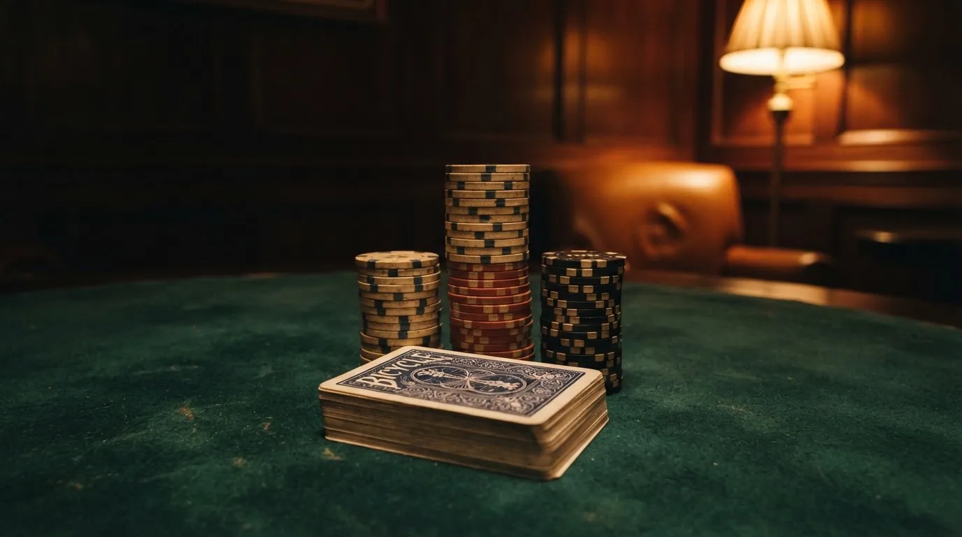 Kortlek och staplar av spelmarker på ett grönt filtbord i en dunkel salong, varmt lampsken — roulette gratis i sverige