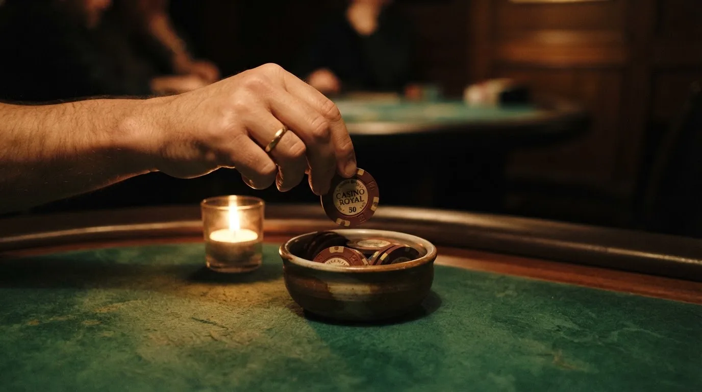 En hand lyfter en spelmark ur en skål, ljuslågan färgar bordet gyllenbrunt — roulette med bonus i sverige