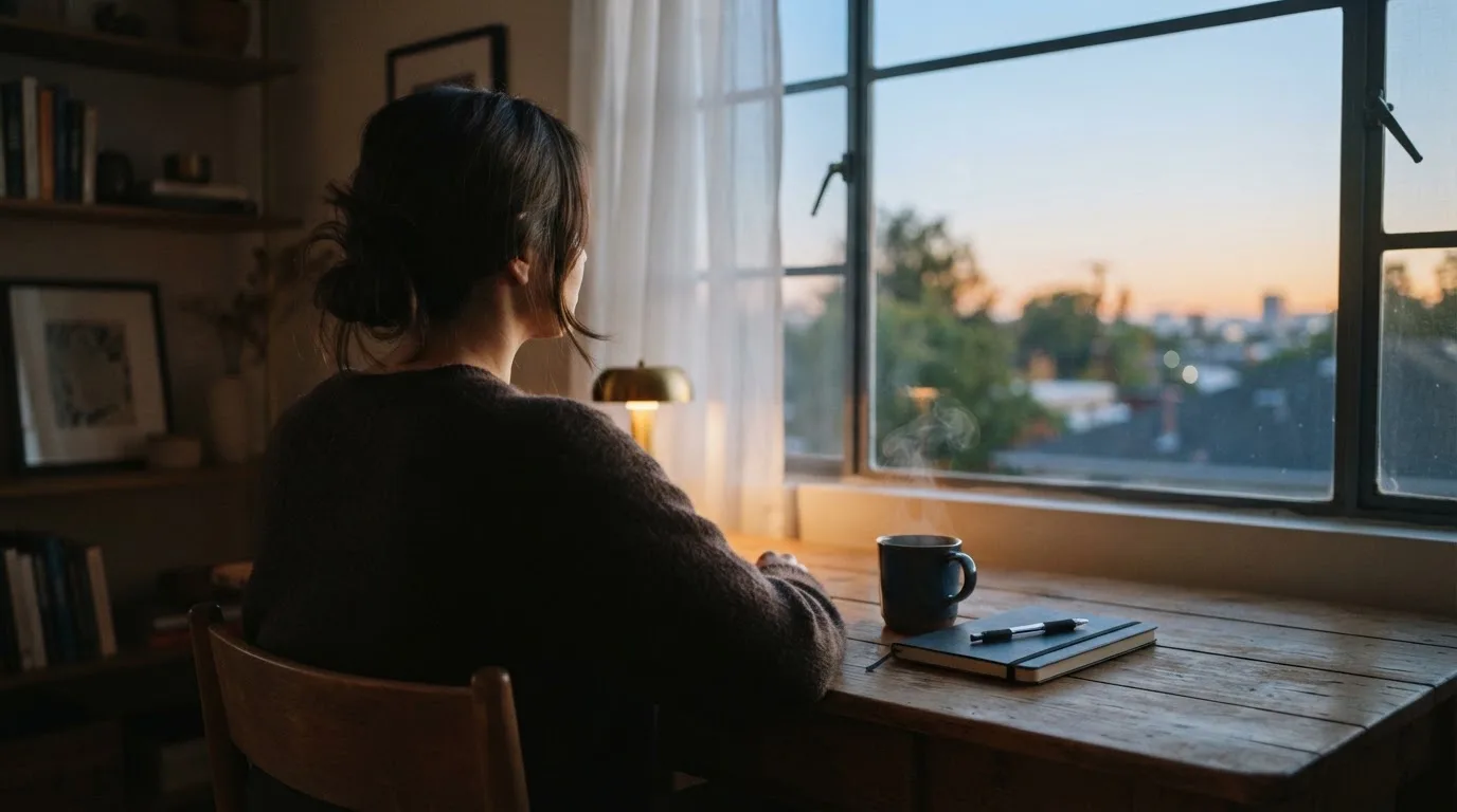 En person sitter vid ett skrivbord hemma med en kopp kaffe och tittar ut genom fönstret medan kvällsljuset faller in mjukt.