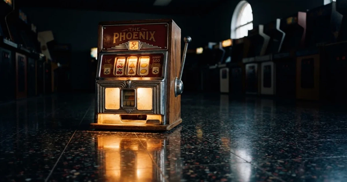 En gammal spelautomat lyser i den dunkla hallen och speglar sig i golvet — säkra casinon i sverige