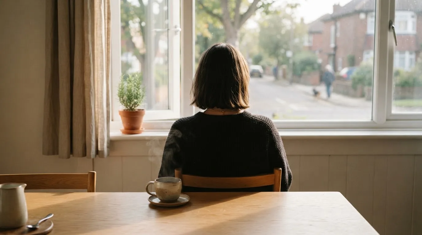En person sitter vid köksbordet med en kopp kaffe och tittar ut genom fönstret i mjukt morgonljus.