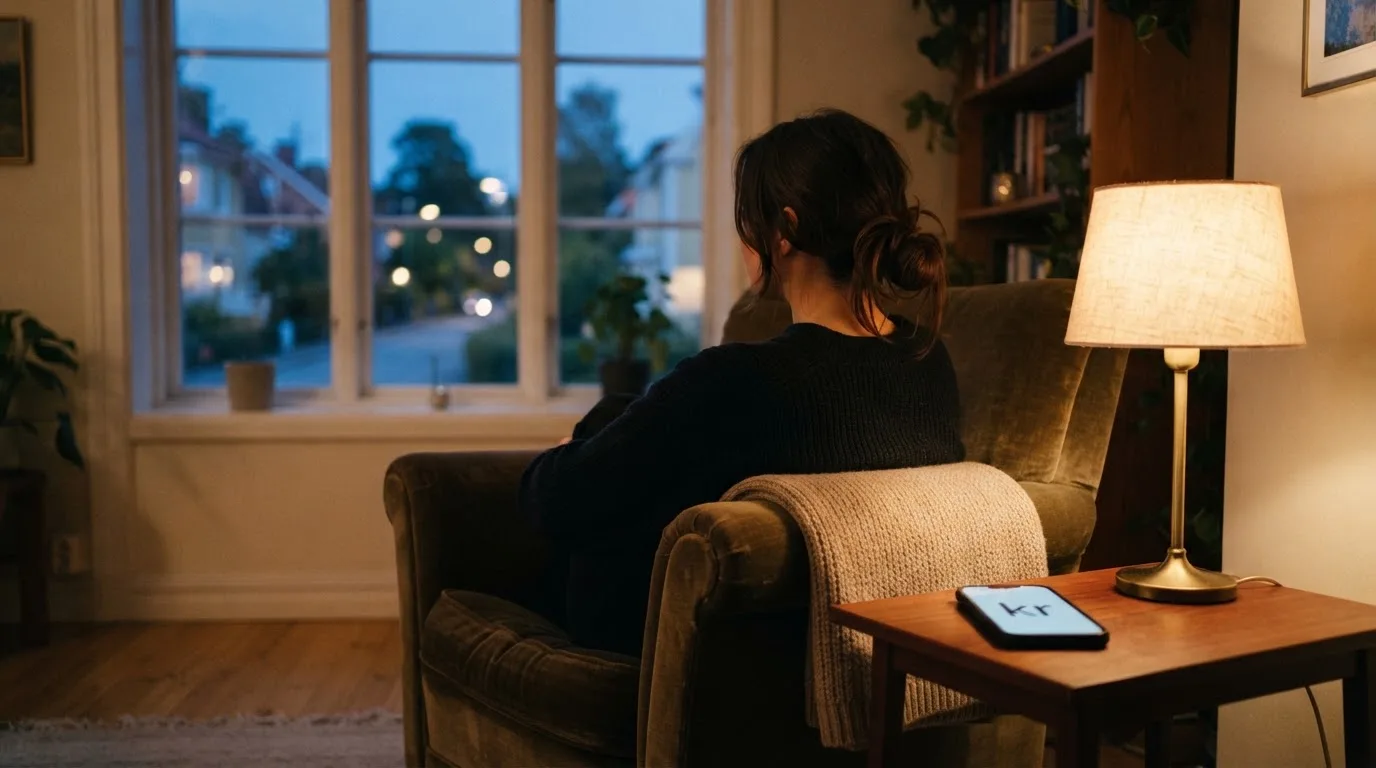 En person sitter ensam i en fåtölj med händerna knäppta och blicken riktad ut genom fönstret en lugn kväll.