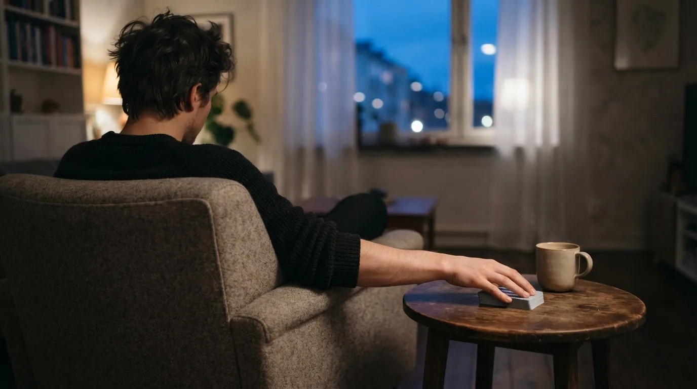 En person sitter hemma i en fåtölj och blandar en kortlek på ett litet bord, med mjukt kvällsljus genom fönstret i bakgrunden.
