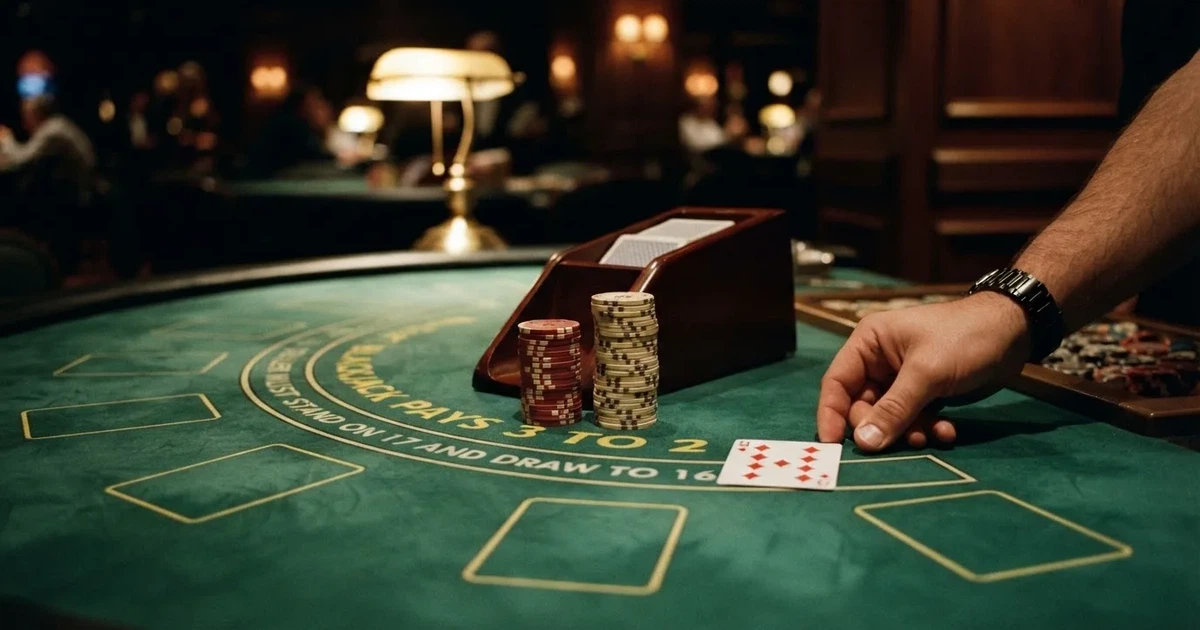 En närbild av ett grönt blackjackbord med kortlek, spelmarker i olika färger och suddiga händer som delar korten i mjukt ljus.
